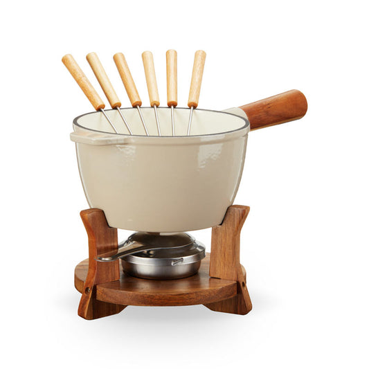 Beige & Wood Cast Iron Fondue Set – Rustic Elegance for Memorable Moments Cheese Preparation Wander Wine Carriers.