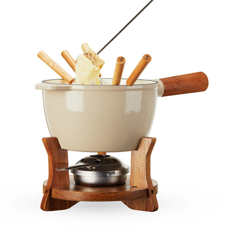 Beige & Wood Cast Iron Fondue Set – Rustic Elegance for Memorable Moments Cheese Preparation Wander Wine Carriers.