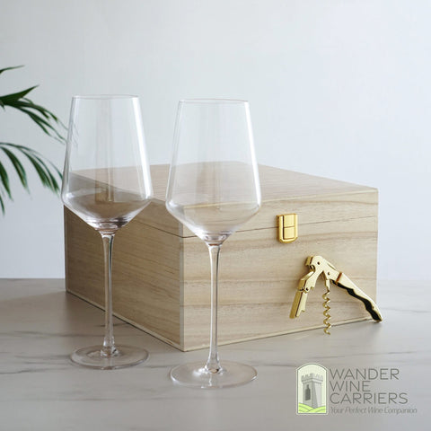 Crystal Wine Glass & Gold Corkscrew Gift Set: Premium Elegance Wine Gifts Wander Wine Carriers.
