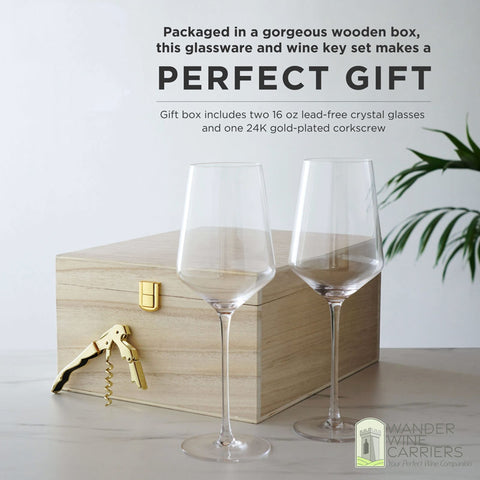 Crystal Wine Glass & Gold Corkscrew Gift Set: Premium Elegance Wine Gifts Wander Wine Carriers.