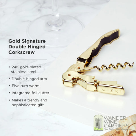 Crystal Wine Glass & Gold Corkscrew Gift Set: Premium Elegance Wine Gifts Wander Wine Carriers.