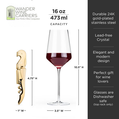 Crystal Wine Glass & Gold Corkscrew Gift Set: Premium Elegance Wine Gifts Wander Wine Carriers.