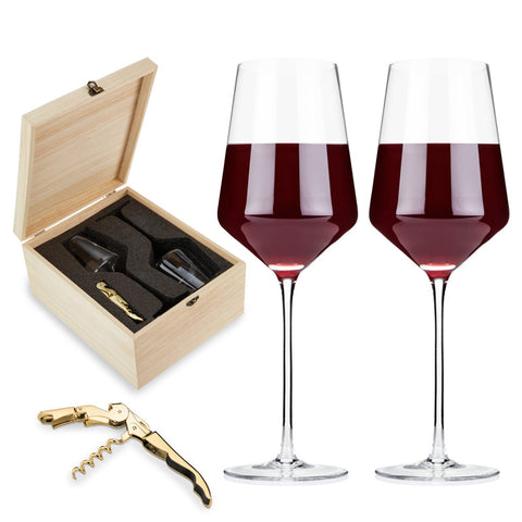 Crystal Wine Glass & Gold Corkscrew Gift Set: Premium Elegance Wine Gifts Wander Wine Carriers.