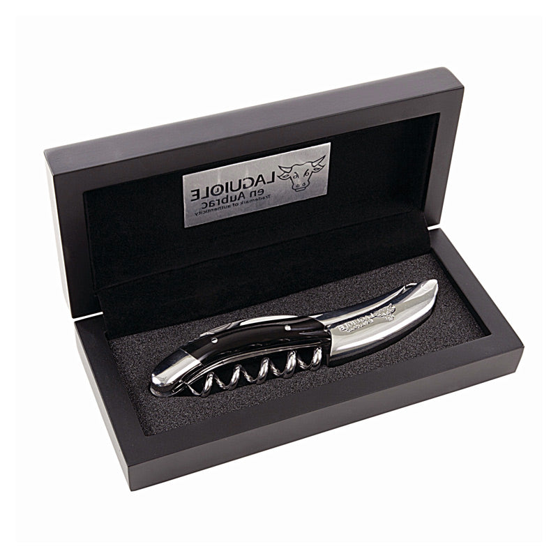 An elegant Laguiole Sommelier Corkscrew, a premium French wine opener, displayed in its luxurious packaging.