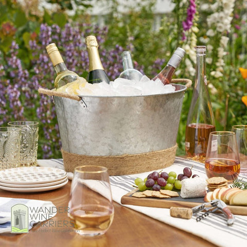 Galvanized Beverage Tub - Jute Rope Wrapped Tub Beverage Tub Wander Wine Carriers.