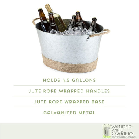 Galvanized Beverage Tub - Jute Rope Wrapped Tub Beverage Tub Wander Wine Carriers.
